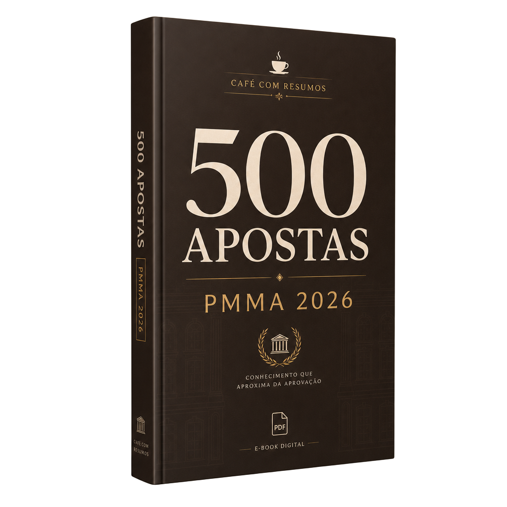 Mockup do PDF 500 Apostas PMMA 2026 do Café com Resumos